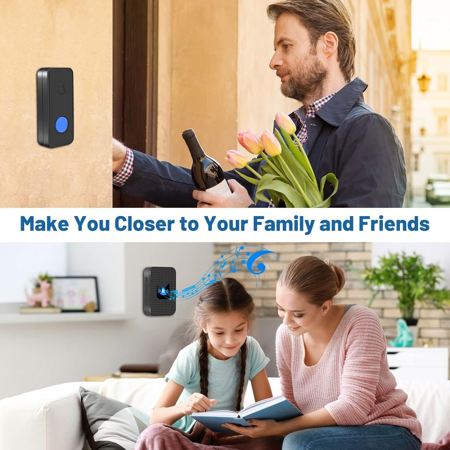 Wireless Doorbell, Battery Operated Doorbell, Easy installation Portable Waterproof Door Bell kit with 1000 Feet Long Range, 55 Chimes Adjustable Volume, 2 Buttons 1 Receiver, Black - الصورة 3