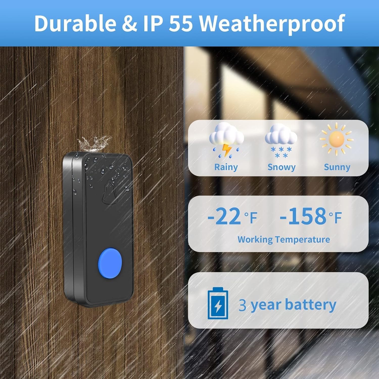 Wireless Doorbell, Battery Operated Doorbell, Easy installation Portable Waterproof Door Bell kit with 1000 Feet Long Range, 55 Chimes Adjustable Volume, 2 Buttons 1 Receiver, Black - الصورة 4