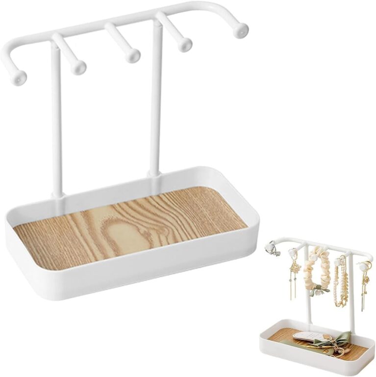 Jewelry Organizer Stand, Necklaces Holder with Wooden Tray, Necklace Display Stand Jewelry Storage Hooks for Necklace, Bracelets, Earrings, Ring, Keys, Watches, White