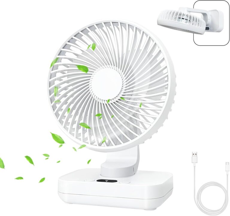 MERTTURM USB Desk Fan, Small Oscillating Table Fan for Bedroom with 4 Speeds, Ultra Quiet and LED Display, Rechargeable 4000mAh Battery Mini Table Fan with Hang Hook for Home Office, White