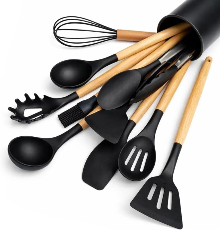 ECVV 12PCS Silicone Kitchen Utensil Set with Natural Wooden Handles, [Random Color] Heat-Resistant Non-Stick Cookware Safe Kitchen Tools with Storage Bucket, BPA-Free Cooking Utensils