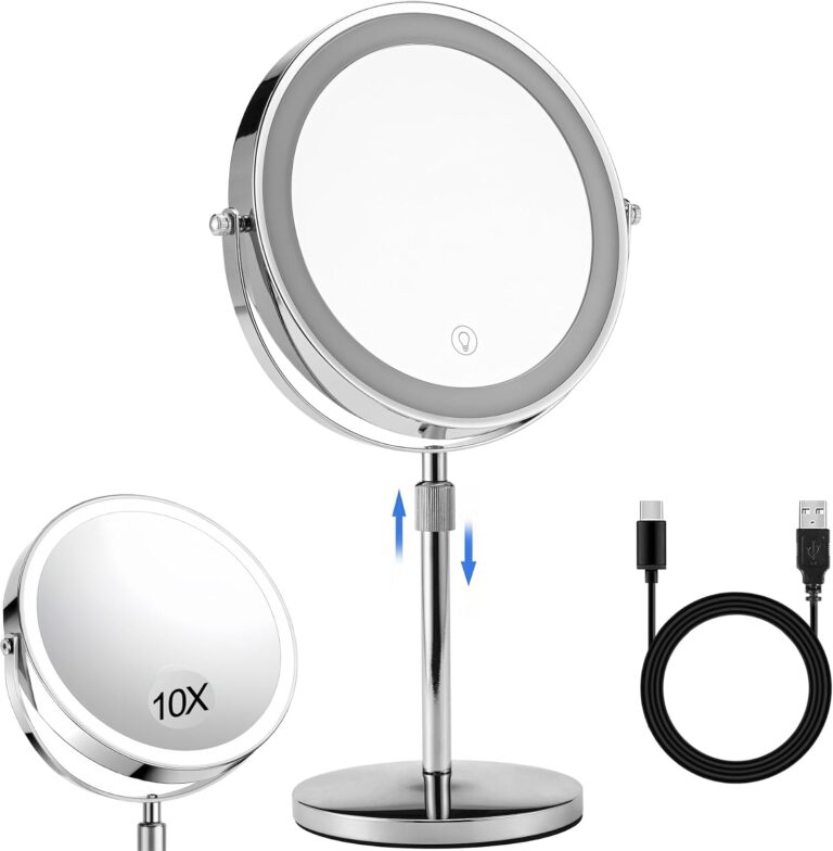 ONECIRCLE Lighted Makeup Mirror, 2500mAh Rechargeable 8.6" Vanity LED Mirror with 3 Colored and Brightness Adjustable lighted Mirror, 1X /10x Magnifying Light up Mirror is a good Gift also(SA silver)