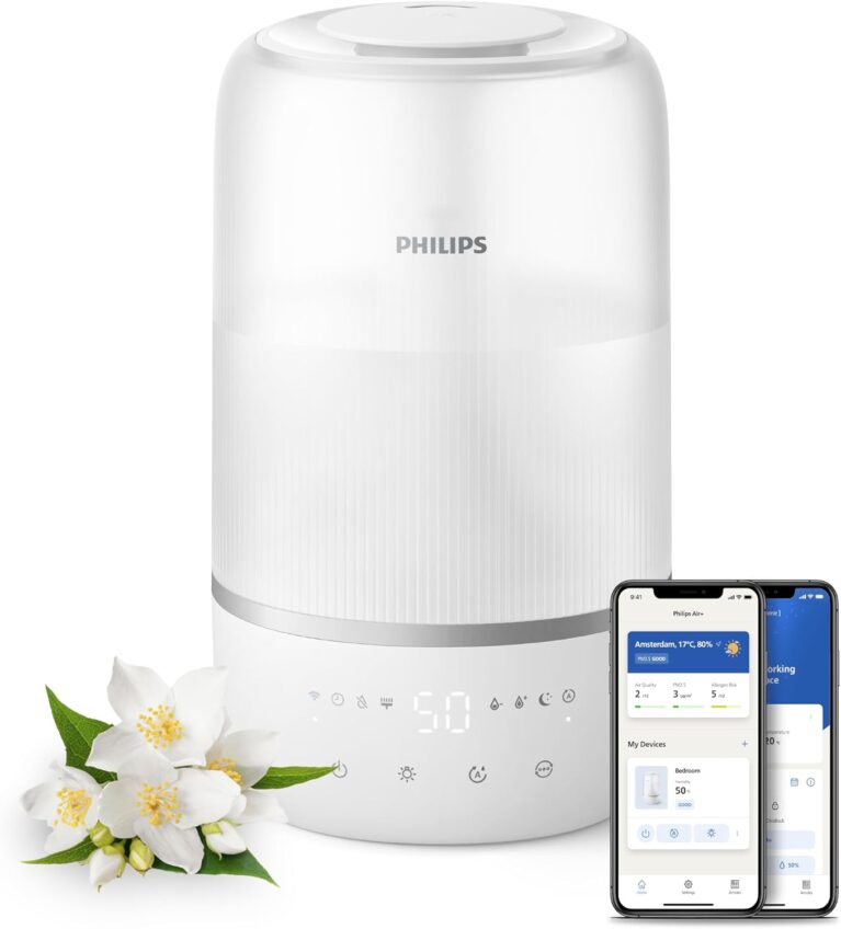Philips Air Humidifier, For Rooms Up To 38m², 250ml/h Humidification Rate | 1000 Series, Connected to Air+ App, Smart Sensor, Ambient Lighting, Possibility To Add Essential Oil, White, HU1509/00