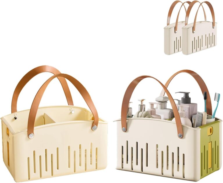 Utipurpose Organizer, 2 Pack White Foldable Shower Storage Basket with Handle, DIY Dividers, Storage for Bathroom, Dorm,Home,Office,Makeup,Pen,Kitchen, Camping, Lightweight