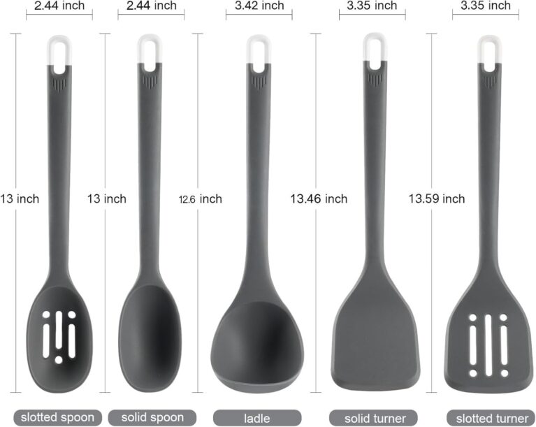 5 Pcs Silicone Kitchen Cooking Utensils Set: Heat Resistant 13inch Long Kitchen Gadgets, BPA Free Non Stick Rubber Cook Accessories For Food Prep, Frying, Serving, Basting (Dark Grey)