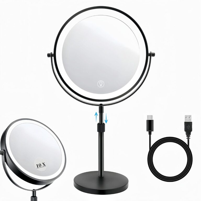 ONECIRCLE Lighted Makeup Mirror, 2500mAh Rechargeable 8.6" Vanity LED Mirror with 3 Colored and Brightness Adjustable lighted Mirror, 1X /10x Magnifying Light up Mirror is a good Gift also(SA black)