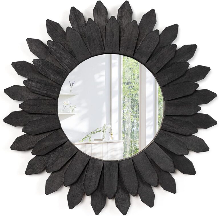 Emfogo Wall Mirror 12 inch Rustic Wood Sunburst Boho Mirror Farmhouse Wall Decor Room Decor Home Decor for Bedroom Living Room Entryway (Vintage Black)