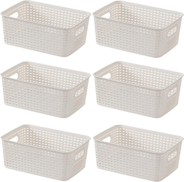 6-Pack Plastic Storage Baskets Set of Stackable Weave Baskets Sturdy Storage Containers with Handle for Shelves, Desktops, Cabinets, Bedrooms, Office (White)