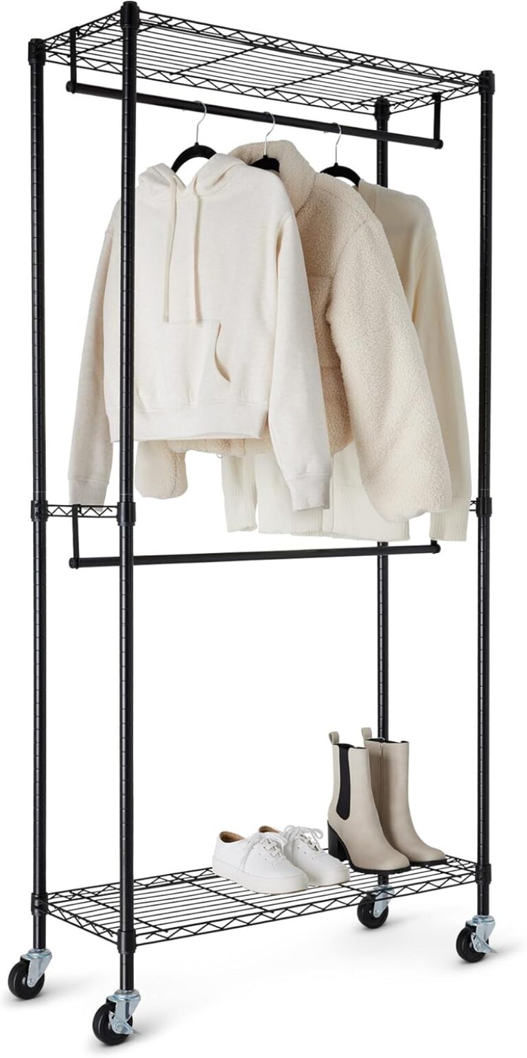 Amazon Basics Adjustable, Double Hanging Rod Garment Rolling Closet Organizer Rack, Black, 91.4 x 35.5 x 182.8 cm