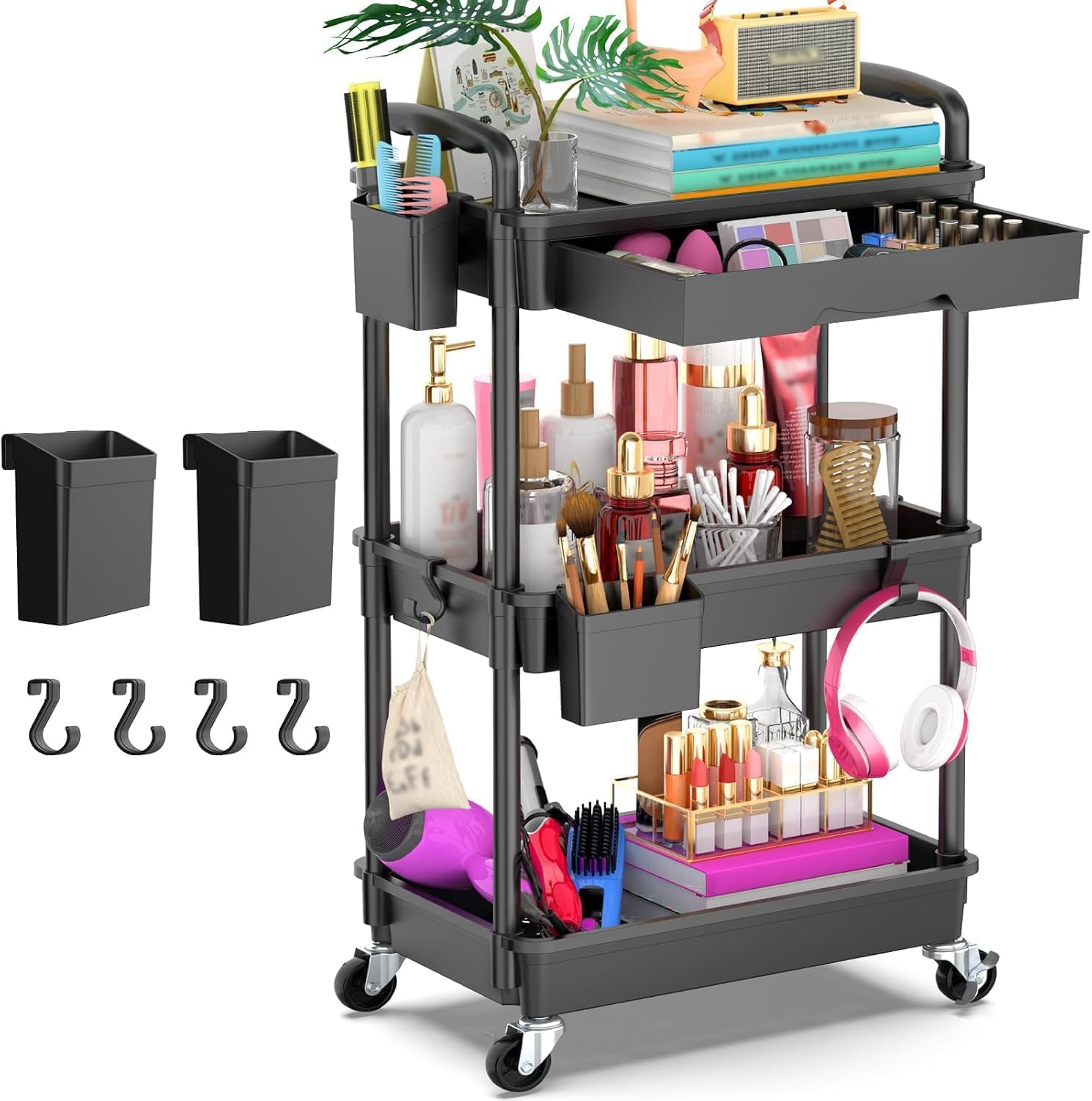 3-Tier Mobile Storage Trolley with Detachable Drawer, Black – Heavy-Duty Rolling Organizer Cart with 2 Brake Wheels, Ideal for Bathroom, Kitchen, Snacks, Crafts, Cosmetics and Baby Supplies - الصورة 7