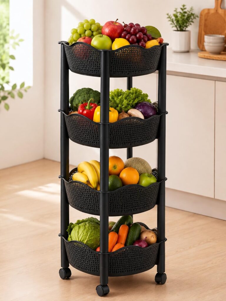 4 Tier Fruit Vegetable Organizer Cart with Wheels - Multi-Use Storage Basket for Kitchen Space Saving