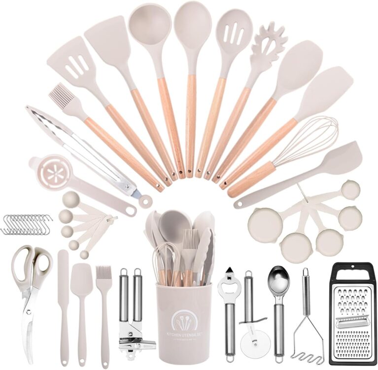 Kitchen Cooking Utensils Set, 46 pcs Non-Stick Silicone Cooking Kitchen Utensils Spatula Set with Holder, Wooden Handle Silicone Kitchen Heat Resistant Gadgets Utensil Set(Khaki)