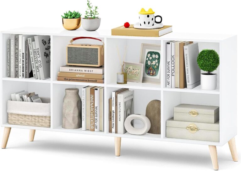 Bentifar 8-Cube Bookshelf Organizer – White Bookcase Storage Cabinet with Wooden Legs for Living Room, Bedroom, Office – Modern Display Shelf for Books, Toys & Decor (White)