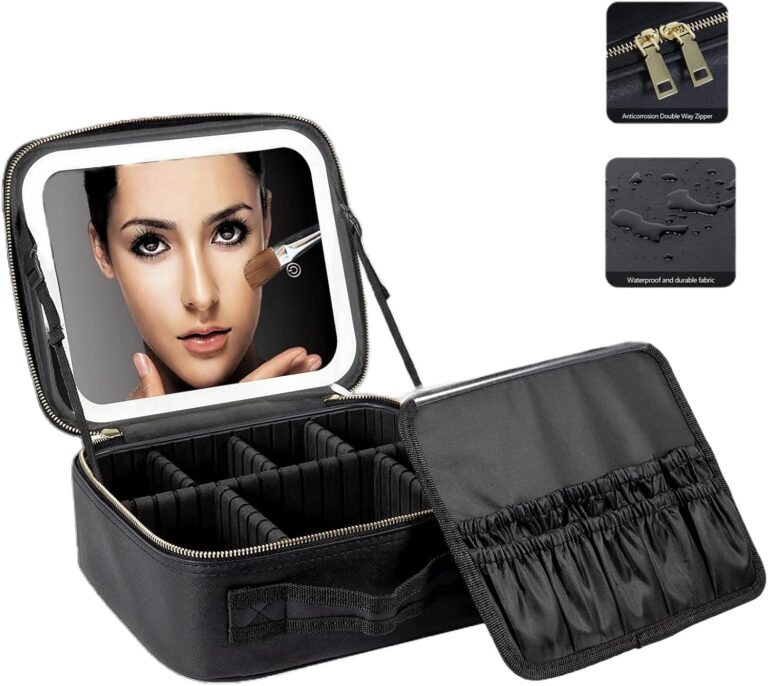 ONECIRCLE makeup bag with LED mirror,Adjustable Brightness LED Cosmetic Train Case with brush storage board suitable for travel and daily make up (classic black)