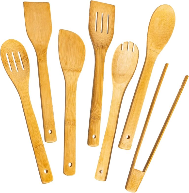 Eisinly Wooden Spoons for Cooking 7-Piece, Kitchen Nonstick Bamboo Cooking Utensils Set, Durable and Healthy Bamboo Wooden Spatula Spoon for Cooking,