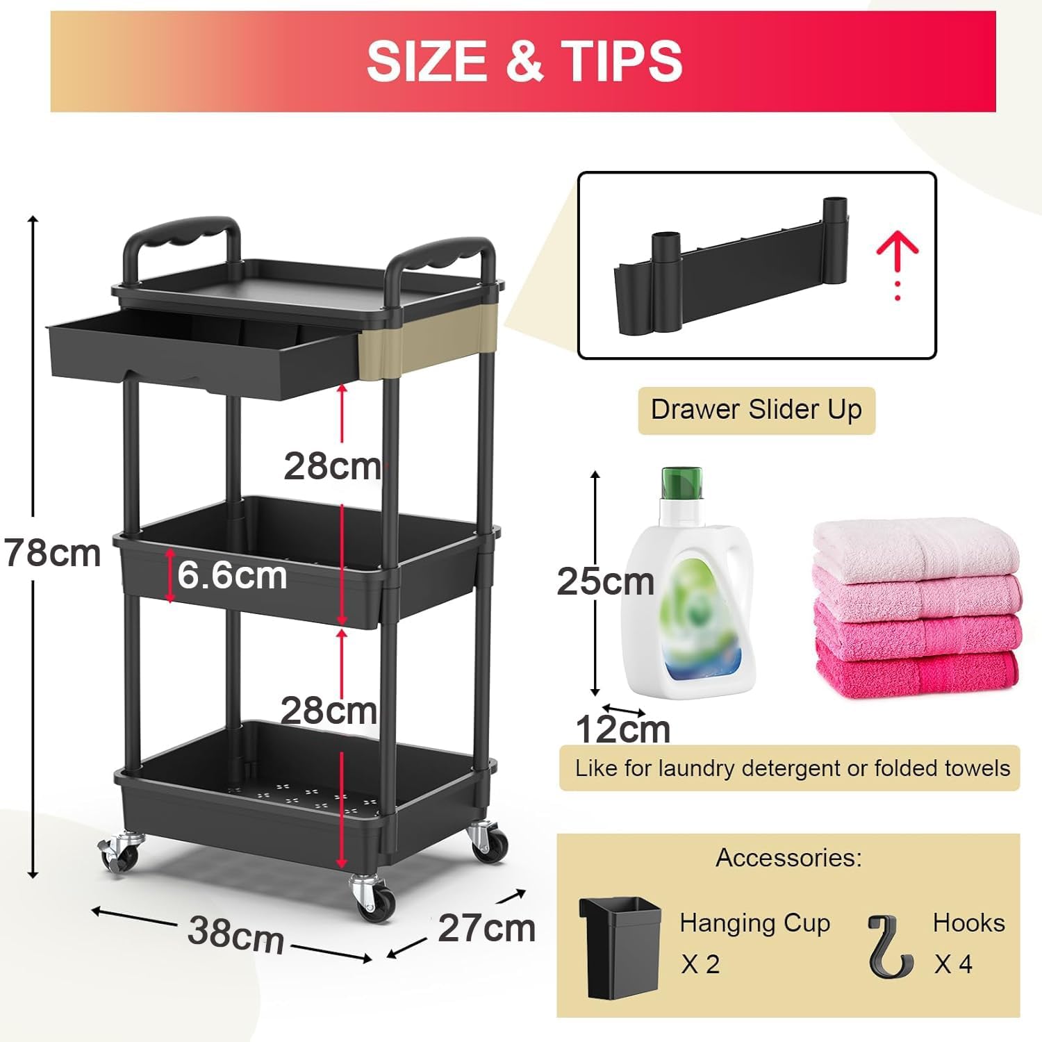 3-Tier Mobile Storage Trolley with Detachable Drawer, Black – Heavy-Duty Rolling Organizer Cart with 2 Brake Wheels, Ideal for Bathroom, Kitchen, Snacks, Crafts, Cosmetics and Baby Supplies - الصورة 2