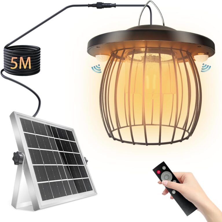 Solar Pendant Light Outdoor, Motion Sensor Hanging Lantern, Remote Control Shed Light, Security Lighting Fixtures, 4400mAh Rechargeable Panel IP65 Waterproof for Yard, Patio, Porch, Garden, Gazebo