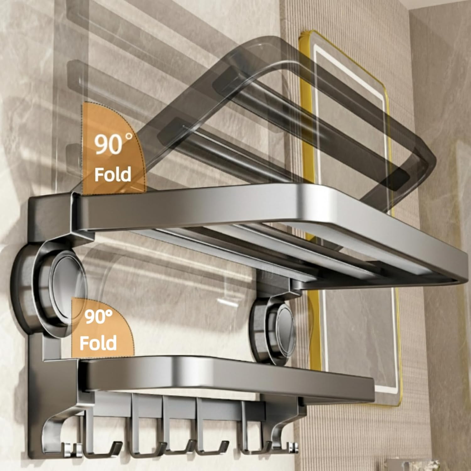 Matte Black Suction Cup Towel Shelf, 40cm Foldable No-Drill Towel Rack, Heavy Duty Wall-Mounted Organizer with Bar & 7 Hooks for Bathroom & Kitchen - الصورة 5