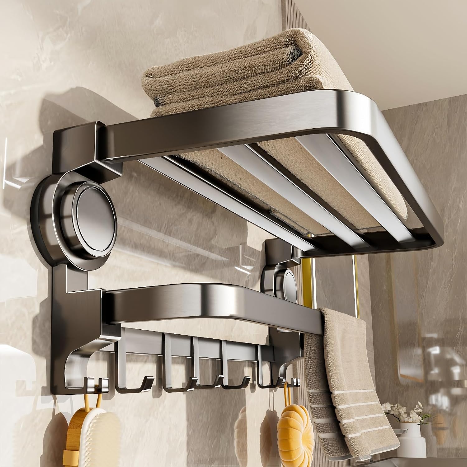 Matte Black Suction Cup Towel Shelf, 40cm Foldable No-Drill Towel Rack, Heavy Duty Wall-Mounted Organizer with Bar & 7 Hooks for Bathroom & Kitchen