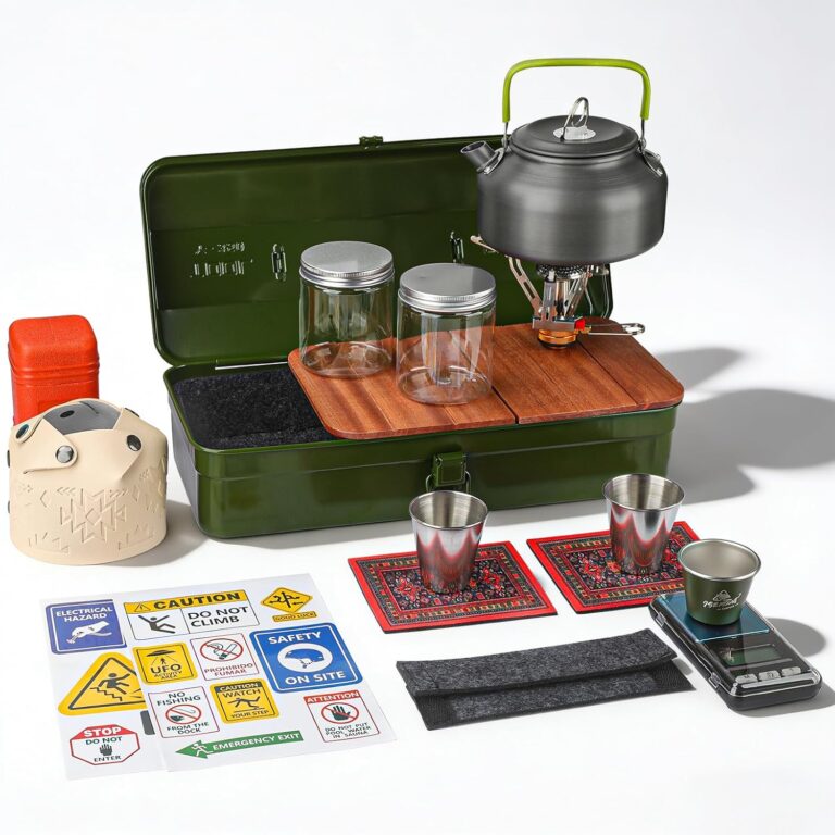 Camping Tea Pot Set,Portable Metal Tea Set Storage Box with Kettle, Cups, Stove, Carrying Case for Camping, Home Use