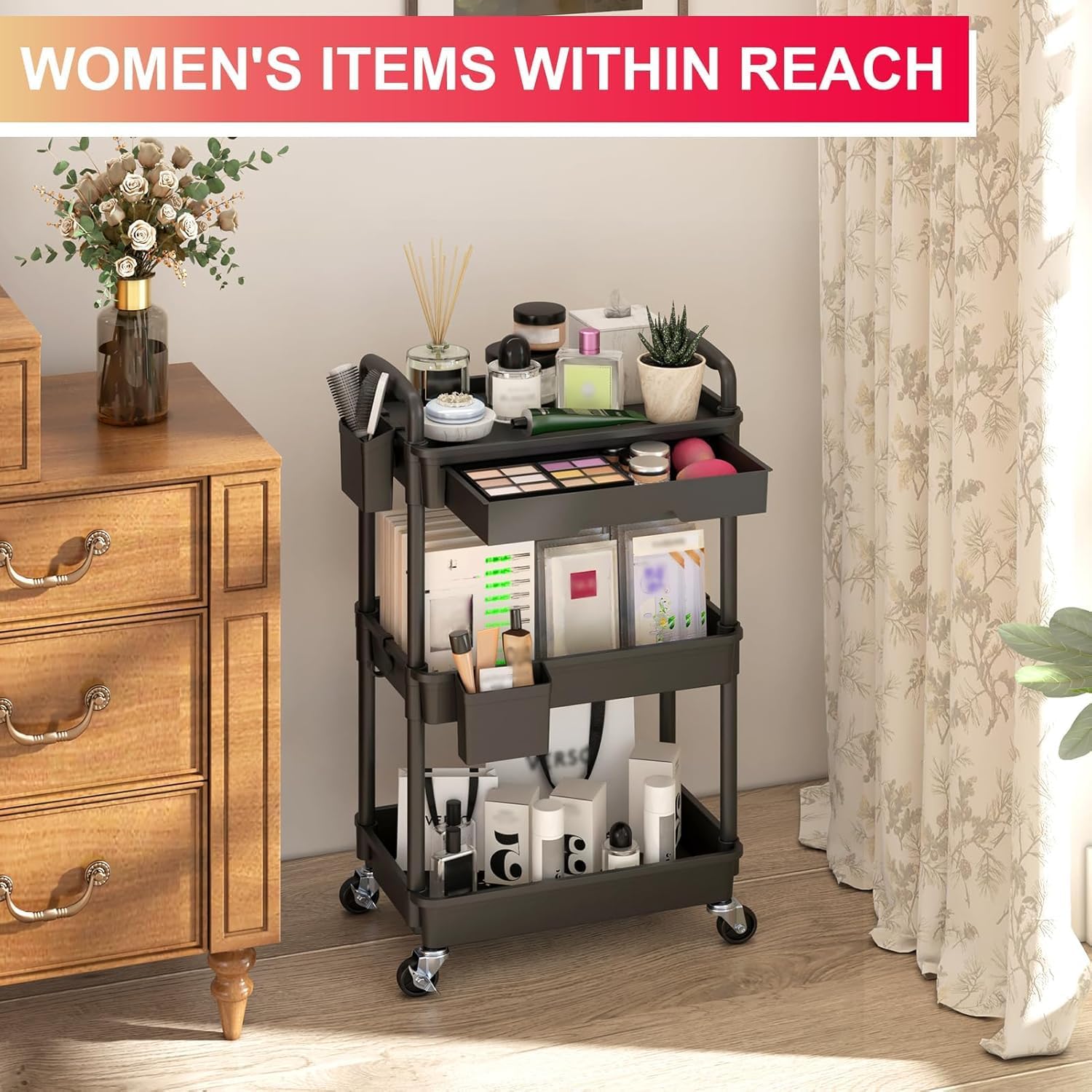 3-Tier Mobile Storage Trolley with Detachable Drawer, Black – Heavy-Duty Rolling Organizer Cart with 2 Brake Wheels, Ideal for Bathroom, Kitchen, Snacks, Crafts, Cosmetics and Baby Supplies - الصورة 5