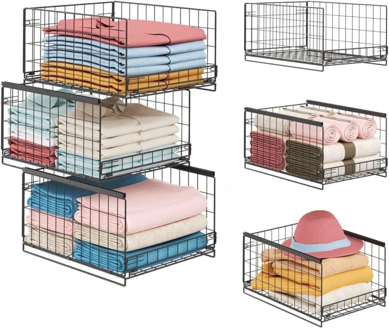3-Tier Stackable Closet Organizers and Storage Shelves, Clothes Shelf Organizer Basket Bins, Foldable Sweater Storage for Closet Organizer System, Black