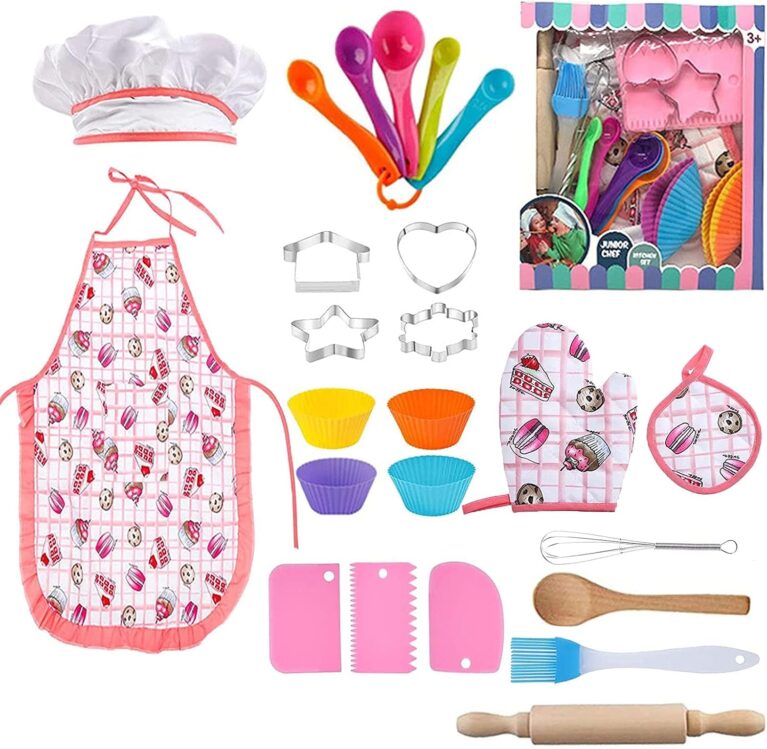 Excefore Kids Cooking and Baking Set - Real Baking Kit Kitchen Toys, Chef Hat Apron Mitt Accessories, Suitable for Little Kids Gift