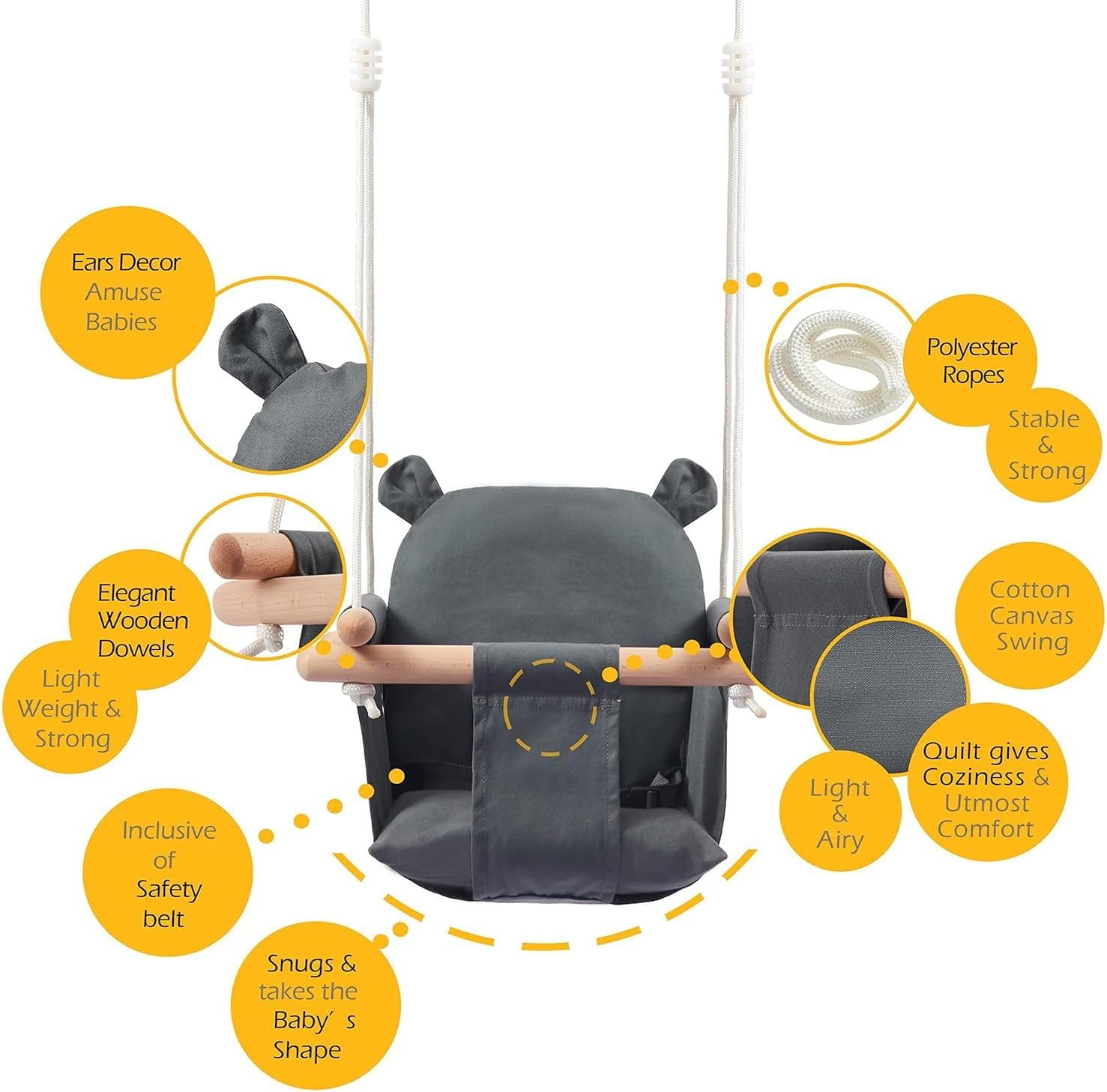Paporich Baby Swing Seat, Baby Swing Outdoor with Ear Décor Cushion, Secure Canvas and Wooden Indoor Baby Swing Seat, for Baby Boys Girls - الصورة 4