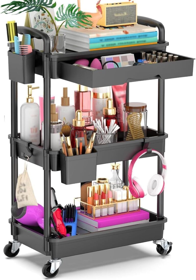 3-Tier Mobile Storage Trolley with Detachable Drawer, Black – Heavy-Duty Rolling Organizer Cart with 2 Brake Wheels, Ideal for Bathroom, Kitchen, Snacks, Crafts, Cosmetics and Baby Supplies