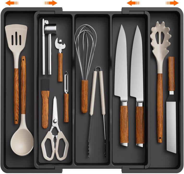 Lifewit Modern Black Expandable Cutlery Organizer, 5-Compartment Utensil Drawer Organizer, Adjustable for Drawer Sizes 13-22.4 Inches, Plastic, Large, Black