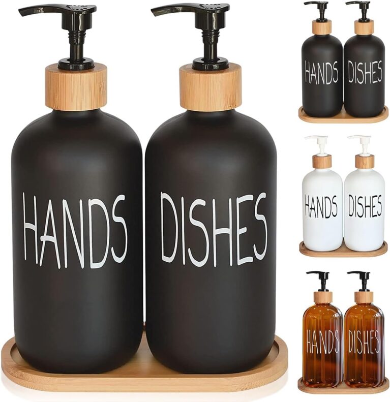 HOOKOR Hand and Dish Soap Dispenser Set, Dish Soap Dispenser for Kitchen with Thickened Bamboo Tray, Glass Kitchen Soap Dispenser Set with Pump, Suitable for Modern Farmhouse Decor (black &Tray)