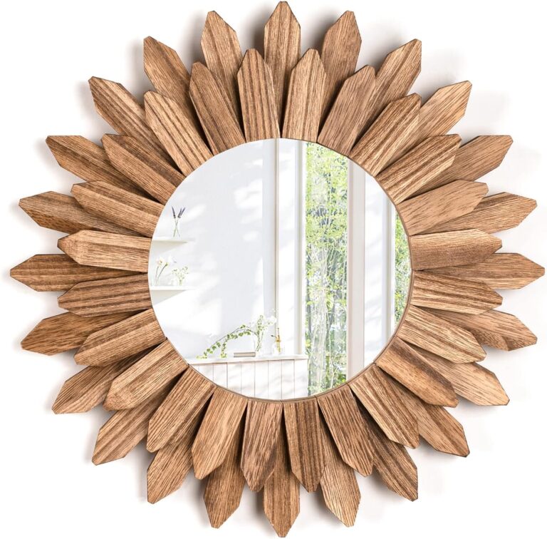 Emfogo Wall Mirror 12 inch Rustic Wood Farmhouse Mirror Sunburst Boho Mirror Wall Decor Room Decor Home Decor for Bedroom Living Room Entryway (Carbonized Black)