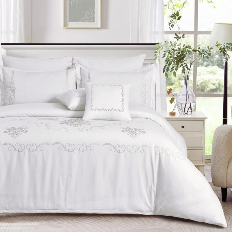 MASTER Cotton Embroidery Comforter Sets, Fits 200 x 200 cm Double Size Bed, 9 Pcs King Size, 200 TC Cotton, White