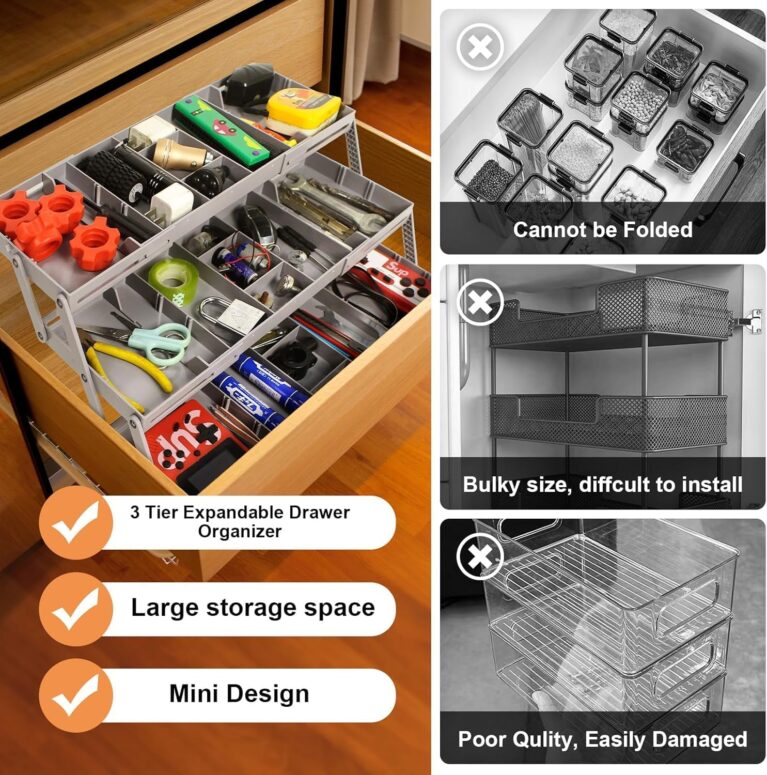 Tazweeq 3 Tier Drawer Organizer, Multi-Level Smart Drawer Organizer for Desk, Expandable Organizer for Office Makeup Jewelry Kitchen, Folding Storage for Home and Office Drawers & Craft Organizer