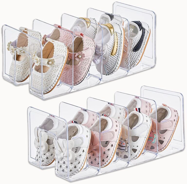 Clear Acrylic Kids Shoe Rack for Closet Organizers and Storage, Small Shoe Rack 4 Sections Toddler, Baby Shoe Storage Organizer, Stackable Shoe Shelf, Shoe Display Space Saver (2 Pack)