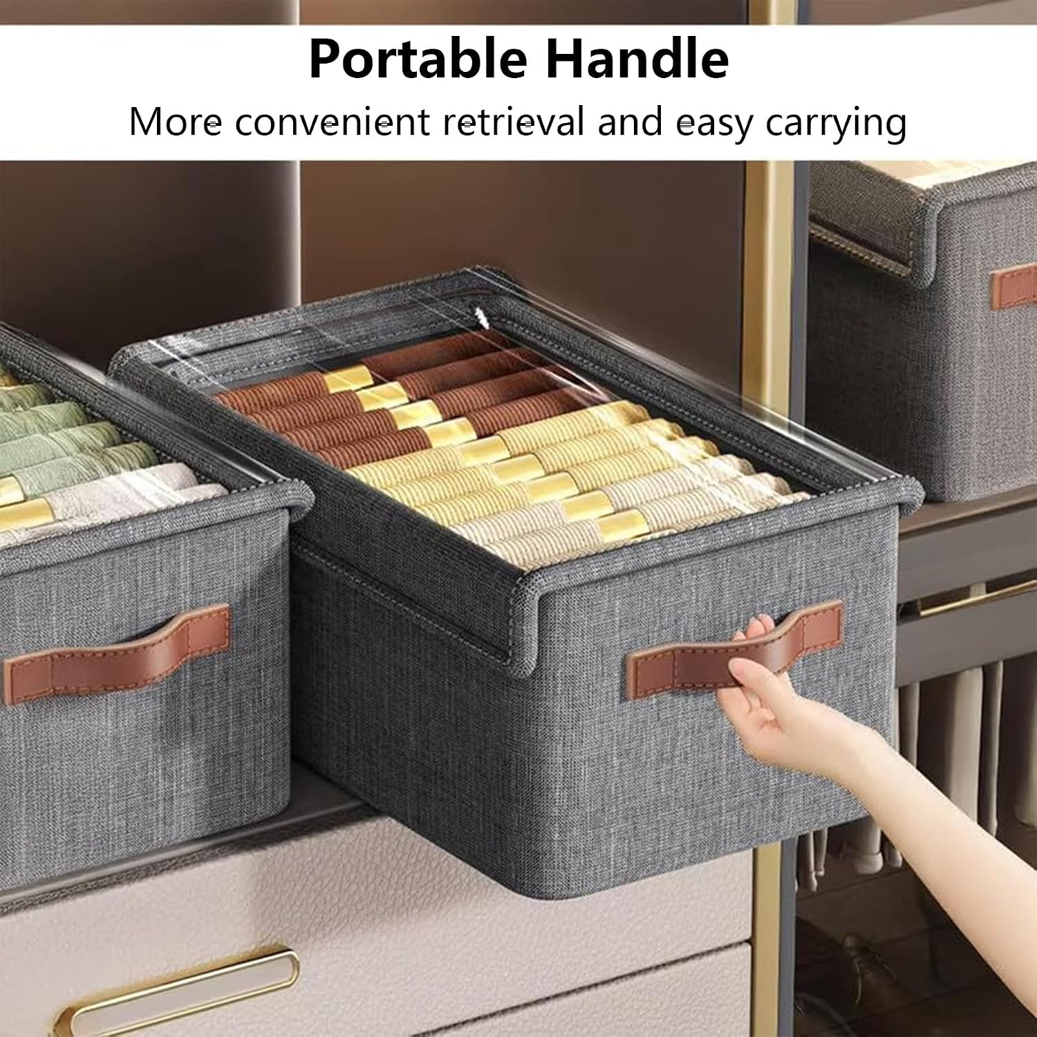 3pcs Wardrobe Clothes Organizer,Clothes Foldable Storage Box with Transparent dust cover and Handle for storing clothes, jeans, toys, and skirts—efficient and tidy. - الصورة 6