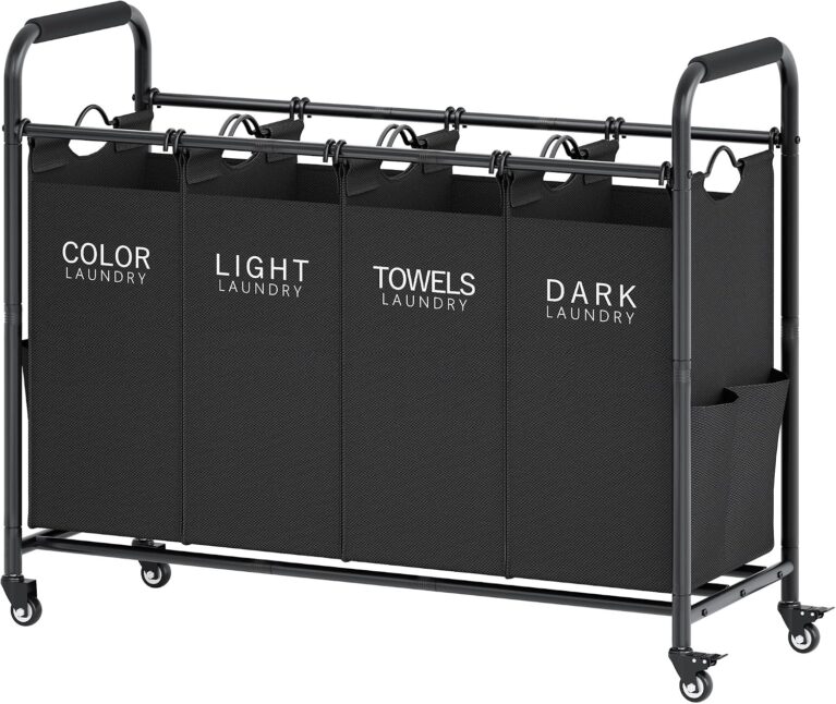 Tajsoon 4 Bag Laundry Sorter Cart, 4 Section Laundry Hamper Sorter with Heavy Duty Lockable Rolling Wheels, Laundry Separator Hamper with Removable Bags for Dirty Clothes Storage, Black