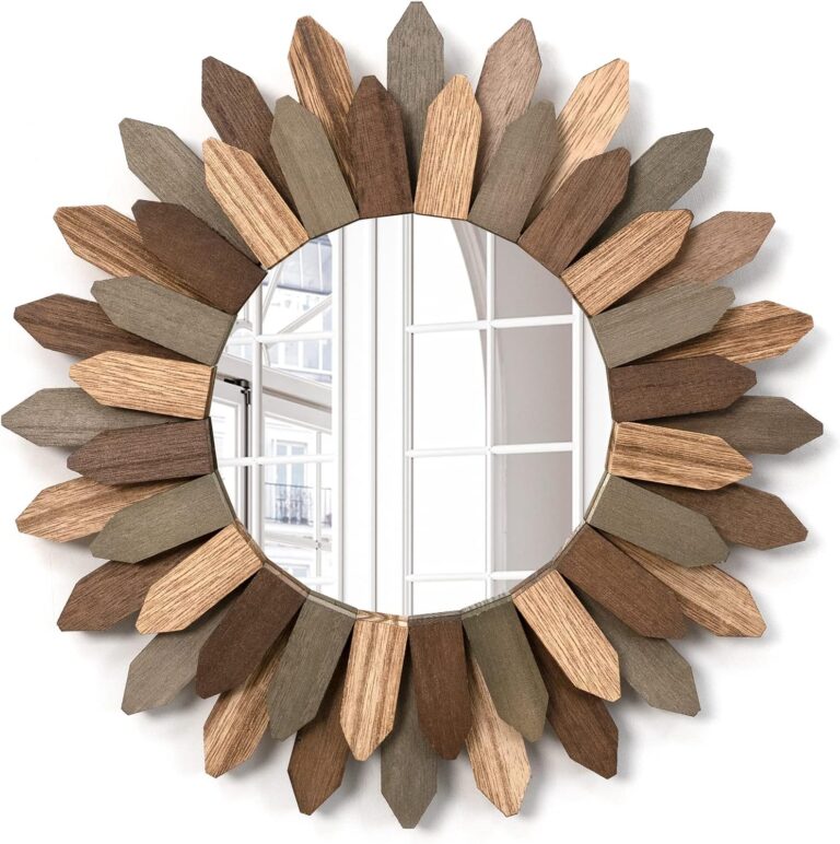 Emfogo Wall Mirror 12 inch Rustic Wood Sunburst Boho Mirror Farmhouse Wall Decor Room Decor Home Decor for Bedroom Living Room Entryway (Tri-color)