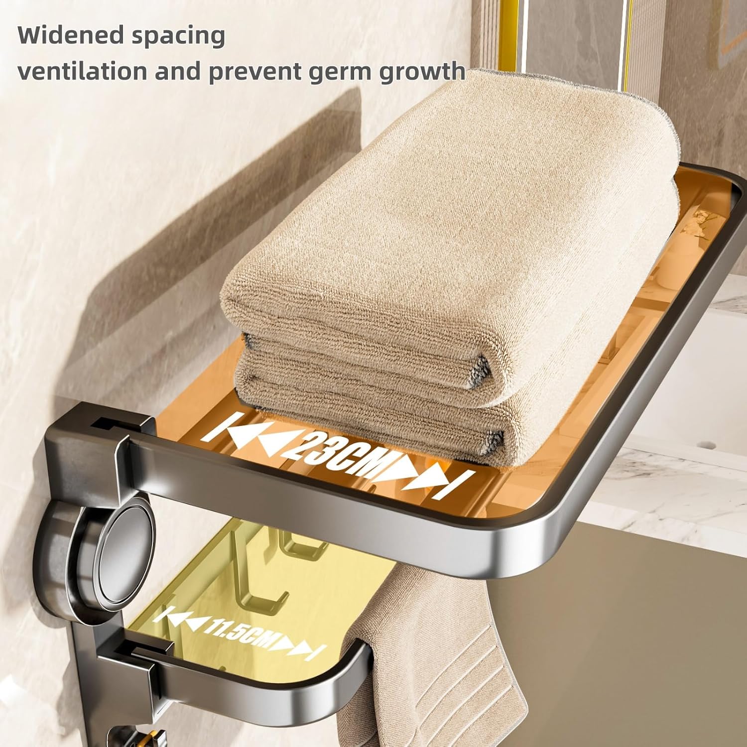 Matte Black Suction Cup Towel Shelf, 40cm Foldable No-Drill Towel Rack, Heavy Duty Wall-Mounted Organizer with Bar & 7 Hooks for Bathroom & Kitchen - الصورة 2