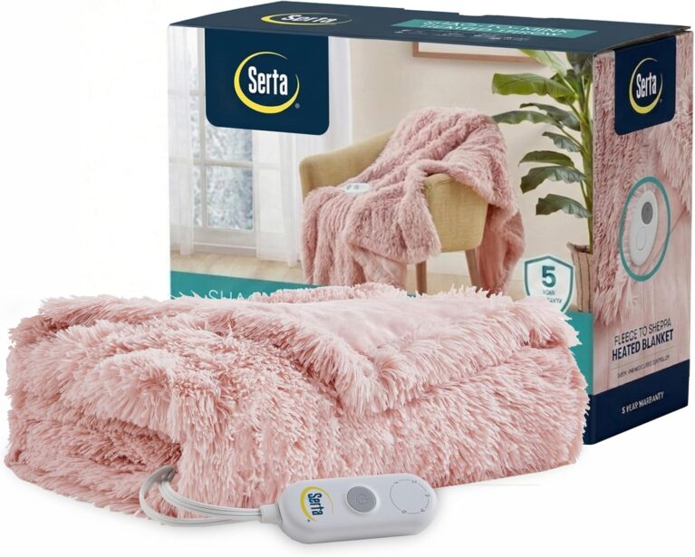 Serta Mila Shaggy Throw - Ultra Soft Long Faux Fur Electric Blanket, Fast Heating, Safety Auto Shut Off Timer, Low EMF, Multi Heat Setting, ETL Certified, Machine Washable, 50"x60", Blush