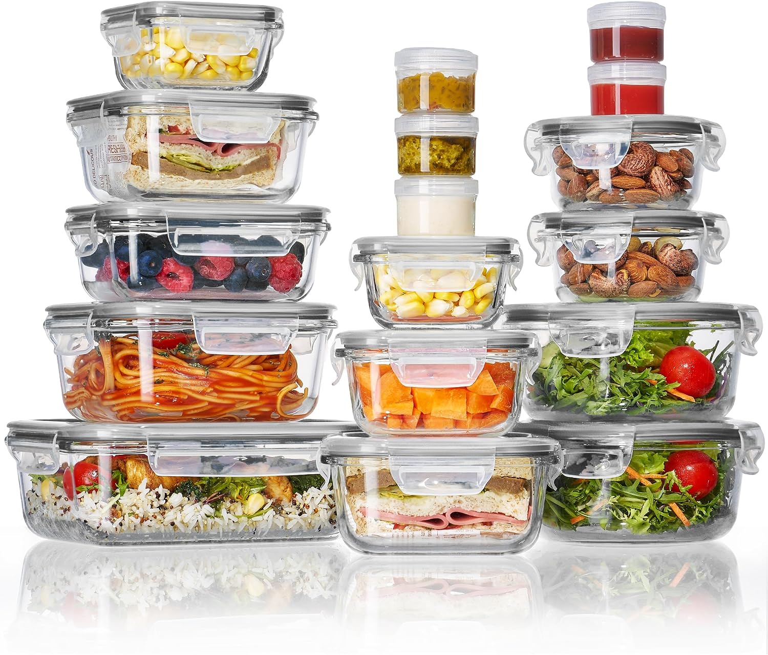 Vtopmart 12Pack Glass Food Containers Set with 5 Plastic Sauce Containers