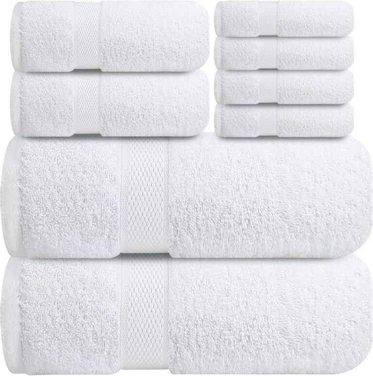 Infinitee Xclusives Premium Bath Towels Set - [Pack of 8] 100% Cotton Highly Absorbent 2 Bath Towels, 2 Hand Towels and 4 Washcloths - Hotel & Spa Quality Bath Towels for Bathroom (Brilliant White)