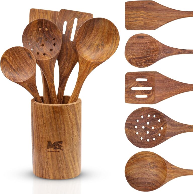 Mars Sports 6 Pcs Wooden Kitchen Utensils Set, Natural Teak Wood Spoons & Spatulas for Cooking, Non-Stick Cookware Safe, Comfort Grip Kitchen Tools Set for Home & Professional Use
