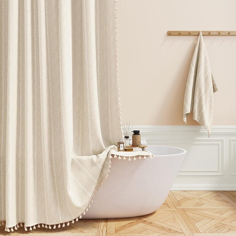 EOGILY Fabric Shower Curtain, Linen Textured Heavy Duty Polyester Cloth Shower Curtain Set with 12 Plastic Hooks, Waterproof Decorative Shower Curtains for Bathroom (Beige, 300, 183 * 183cm)