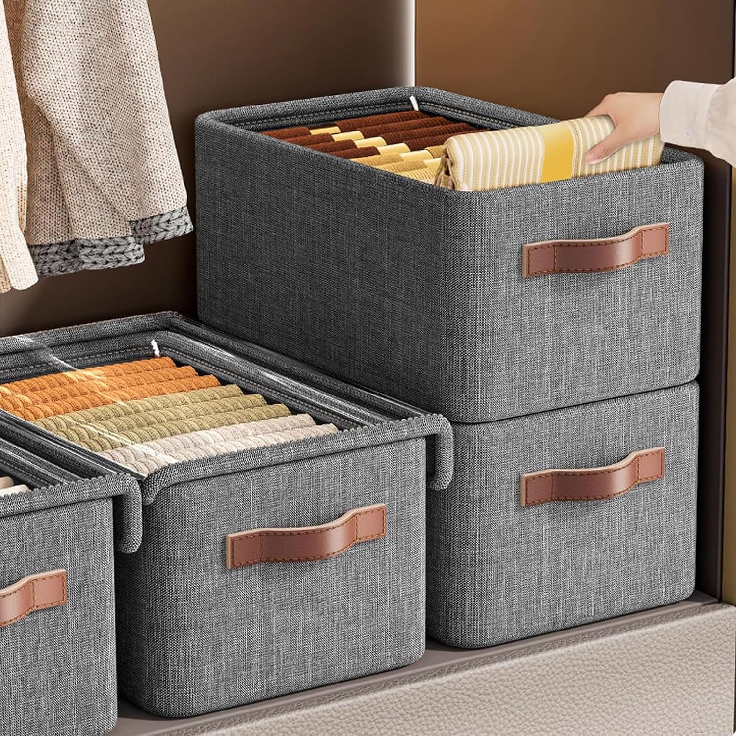 3pcs Wardrobe Clothes Organizer,Clothes Foldable Storage Box with Transparent dust cover and Handle for storing clothes, jeans, toys, and skirts—efficient and tidy. - الصورة 2