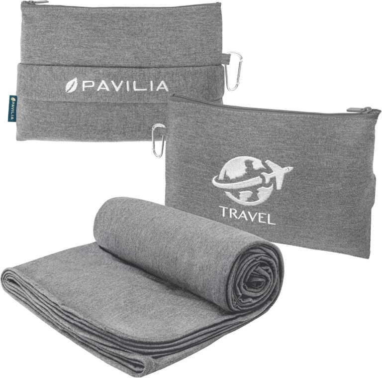 PAVILIA Travel Blanket Compact, Airplane Blanket Packable Bag, Soft Fleece Portable Throw Pillow Combo Set, Plane Flight Car Trips Travel Essentials Gift Accessories, Luggage Strap Backpack Clip, Gray